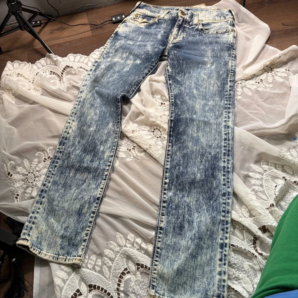 Y2K Mens True Religion Rocco Relaxed Skinny Acid Wash Blue Jeans Mens 32 NEW